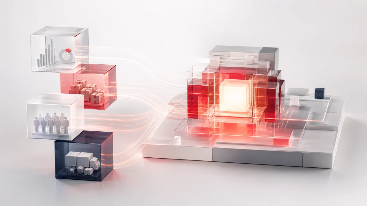 Connected enterprise modules converging into an illuminated operational core