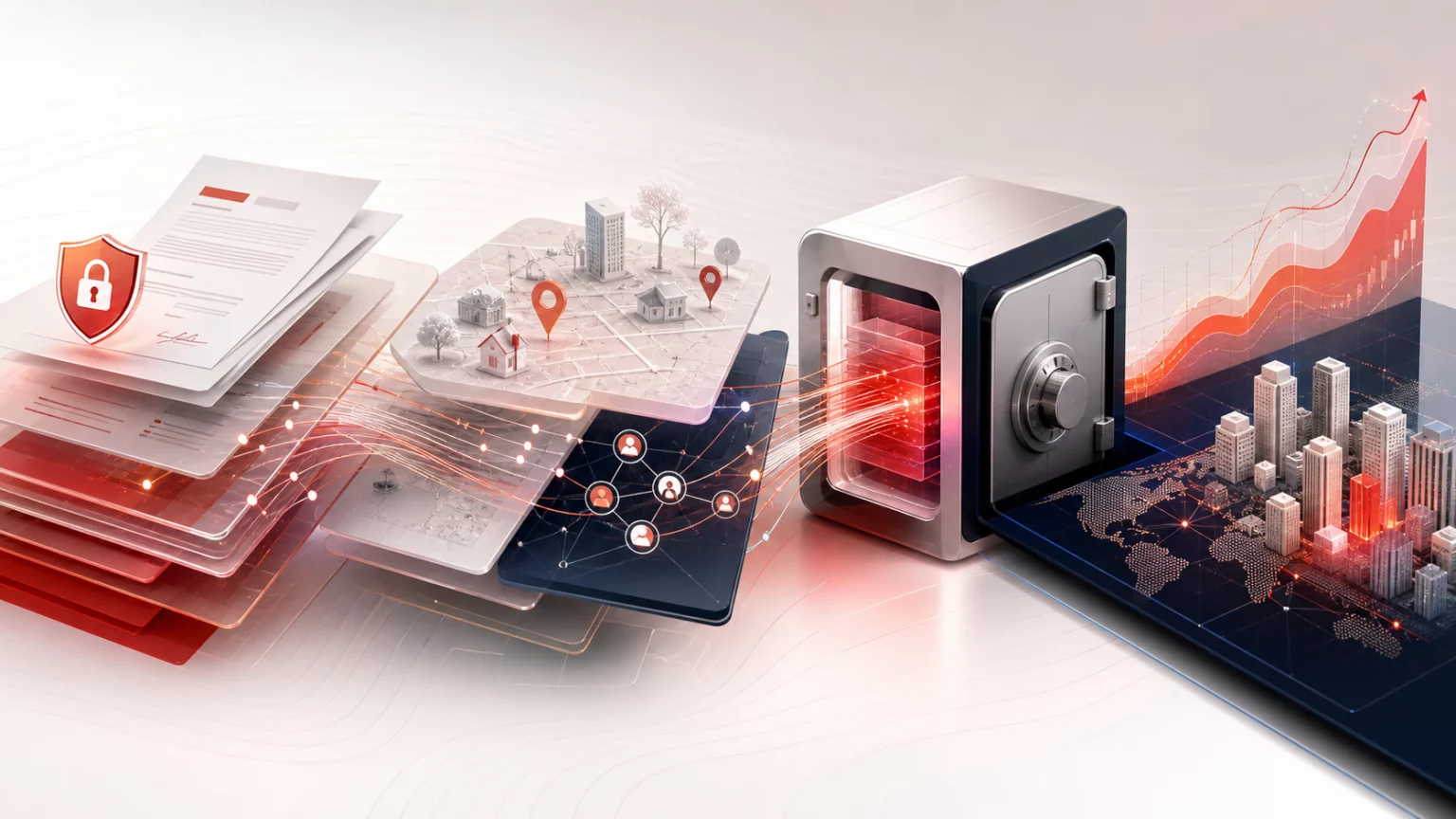 Secure documents, geospatial records and analytics flowing through a digital vault